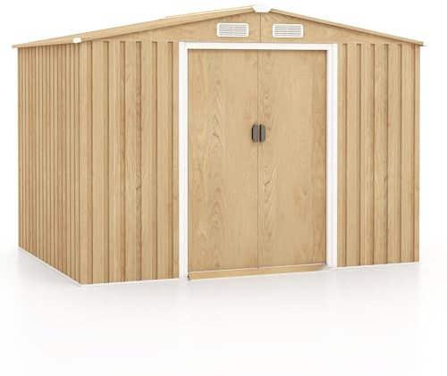 GYMAX Casetta da Giardino 4,47m² in Acciaio Zincat, Capanno Porta Attrezzi con 4 Feritoie, Doppie Porte Scorrevole e Rampa (4,47m²/Naturale)