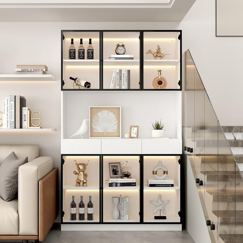 Solisburne Vitrine 200cm, Glasvitrine Stehend mit 6 Türen und 3 Schubladen Glasvitrine mit 16-Farbiger LED Sammlervitrine für Wohnzimmer, Esszimmer, Schlafzimmer, Büro, Gehärtetes Glas, Weiß
