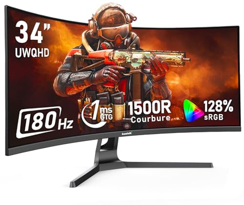 Gawfolk Écran PC Ultra Large 34 Pouces 1500R incurvé 180Hz Gaming Computer Moniteur,21:9 UWQHD(3440x1440)，128% sRGB，FreeSync，HDR，178 ° Angle Vue，DisplayPort、HDMI，VESA 75 * 75MM-Noir