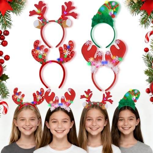 PlsMupn 4 Stück Haarreif Weihnachten LED, Rentier & Tannenbaum Modellieren, Weihnachtshaarreifen Erwachsene Kinder, Drei Beleuchtungsmodi, Weihnachts Haarreif für Advent, Weihnachten & Fotos