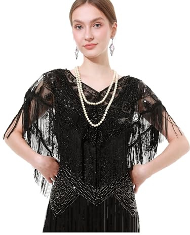 soul young Womens 1920s Shawl Fringe Sequin Evening Cape Shrug Gatsby Wrap(One size,Black)