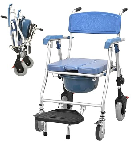 Toilettenstuhl für Senioren mit Rollen | Klappbarer Duschstuhl mit abnehmbarer Eimer, Armlehne, Rückenlehne, Rutschfest | Werkzeugfreie Montage | Bis 120kg (Blue)