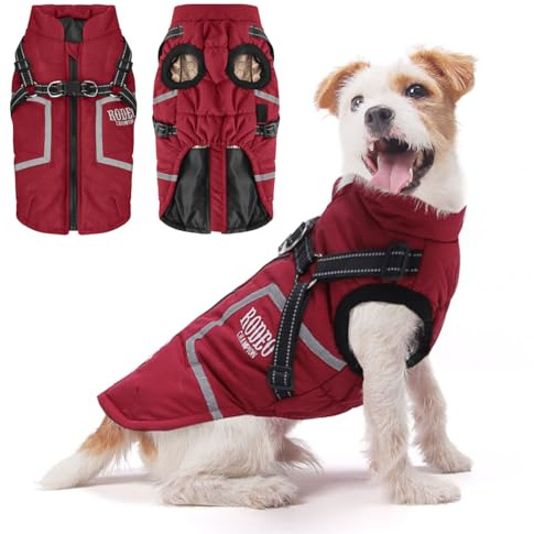 Abrigo Perro para Pequeño Invierno,Abrigo Perro Pequeño Viento Impermeable con Arnés,Reflectante para Pequeños y Medianos (Rojo,L)