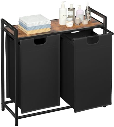 AMHANCIBLE Wäschekorb 2 Fächer, Wäschesammler mit Ablage, Wäschebox | Wäschesack aus Oxford-Gewebe ausziehbar abnehmbar, 38 L x 2, Stahlrahmen und obere Ablage, 73 x 30 x72cm, Rustic Braun