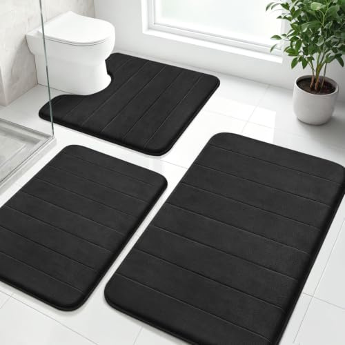 wiipara Badezimmerteppich Set 3 Teilig, Badteppich & WC Vorleger, Schwarz | Dicker Memoryschaum, Rutschfeste Badvorleger, Saugfähig, Waschbar, Schnelltrocknend für Bad, Modern Badematte