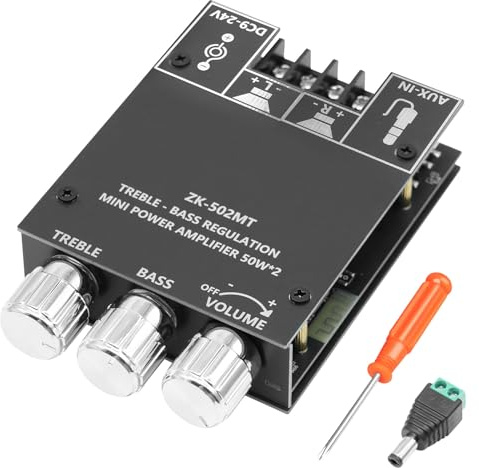 ZK-502MT Amplificatore Bluetooth HiFi Stereo, 50 W + 50 W, 2.0 canali, amplificatore audio con BT e AUX, DC 9-24 V, con regolazione di alti e bassi, amplificatore con Bluetooth per altoparlanti fai da