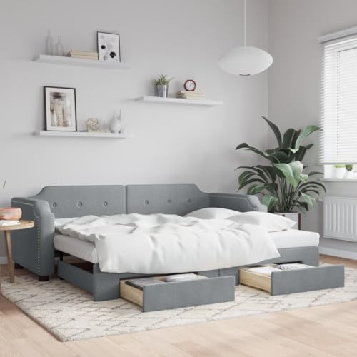Hoopleep Dagsäng, utdragbar med lådor, ljusgrått tyg, 100 x 200 cm, mångsidig bäddsoffa med rulllåda för gäster, robust metall- och träram, praktisk förvaringslösning