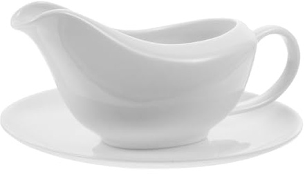 TEHAUX Ceramic Sauce Boat with Tray 16Oz White Gravy Pot for Serving Gravy Salad Dressings and Sauces Ergonomic Handle and Drip-Free Spout for Holiday and Everyday Use