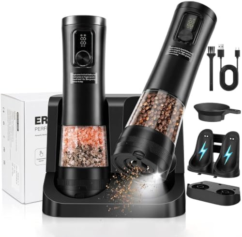 Electric Salt and Pepper Grinder Set with Dual Charging Station | Pepper Grinder with Adjustable 5-Level Coarseness,100ml Capacity, Dual Speed with Led for Home Kitchen, BBQ