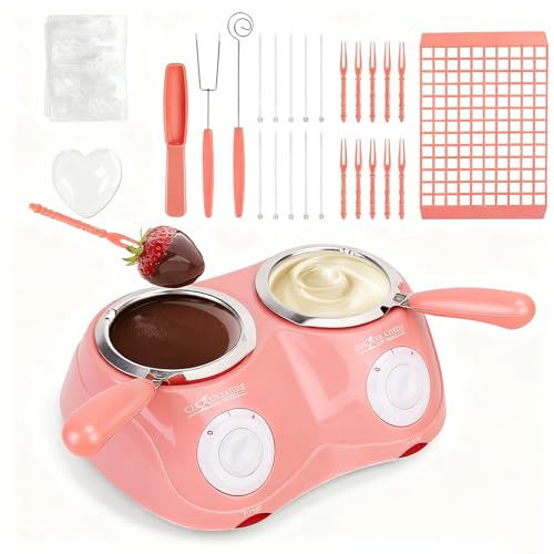 Kit de fondue au chocolat électrique avec 2 marmites – Appareil de fusion de chocolat pour chocolats et fromages DIY – Double température (45 °C/70 °C) sans bain-marie – Avec 30 accessoires et moules
