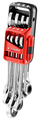 FACOM 467B.JP8 Jeu de Clé Mixte à cliquet métrique avec en Pouces sur étui Portatif, Argent, Set de 8 Pièces