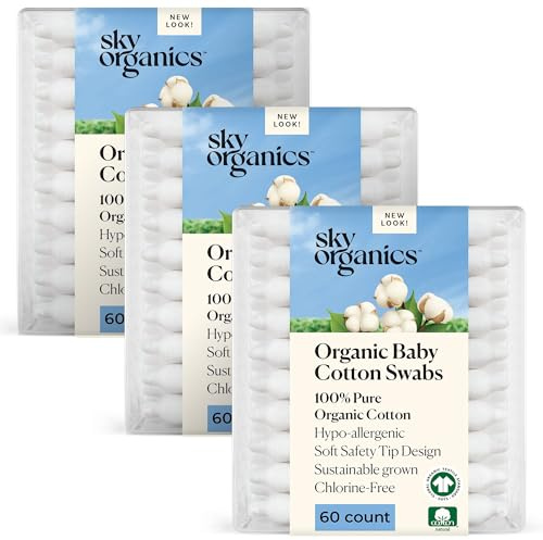 Sky Organics - Organic Baby Cotton Swabs, 180 ct. - Ultra Soft Baby Safe Tips - Strong & Durable - Hypoallergenic - Chlorine Free - Natural, Vegan & Cruelty Free - Skin Care & Baby Care