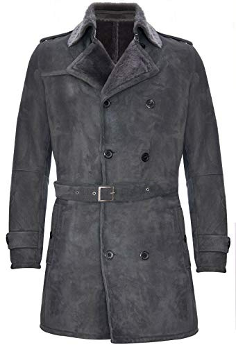 Infinity Leather Herren German Military Zweireiher Echtes Schaffell Wildleder Erbsenmantel