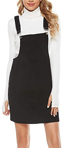 Tanming Women's Corduroy A Line Cute Jumper Pinafore Bib Overall Mini Dress Skirt (Black-M)
