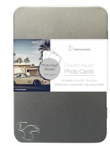 Hahnemuhle Photo Rag Metallic Inkjet Fotokarten, naturweiß, Hochglanz-Metallic-Finish, 340 g/m², 10,2 x 15 cm, 30 Blatt