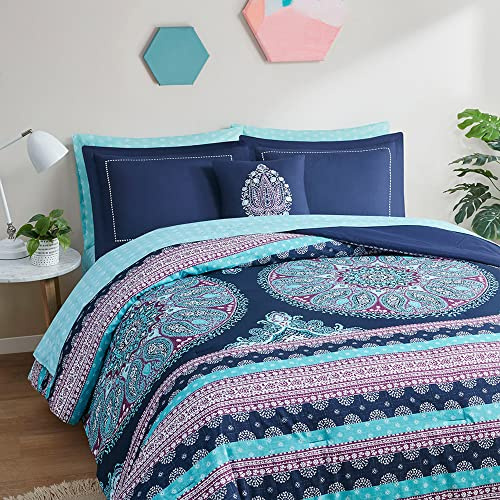 Degrees of Comfort Full Size Comforter Sets with Sheets, Blue Boho Mandala Teenage Girl Bedding, Bohemian Bed in A Bag, Microfiber Bed Set 8 Piece, Matching Decorative Pillow, Navy
