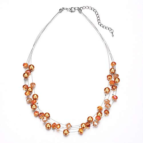 Bulinlin Damen Silber Perlenkette mit Kristall Statement Mehrreihige Boho Choker Halskette Modeschmuck Geburtstagsgeschenke für Frauen（15-Orange）