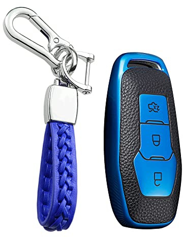 KUNIO Autoschlüssel Schutzhülle Passt für Ford Escort Focus 3 4 ST Mondeo 5 MK5 Mustang F-150 Explorer TPU Leder-Textur Schlüsselanhänger Schlüsselbund Schlüsselcover 3 Tasten Blau