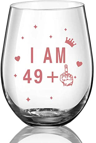 Copa de vino sin tallo, copa de vino de 50 cumpleaños, regalo de aniversario, copa de vino para hombres y mujeres, decoración de aniversario de boda, 17 onzas (I AM 49+1)
