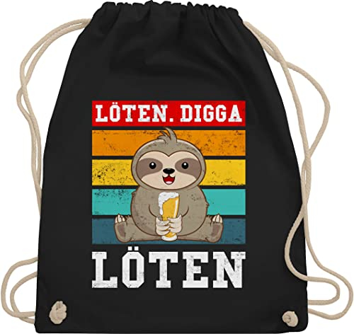 Turnbeutel Rucksack - Party & Alkohol Herren - Löten Digga Löten Vintage weiß bunt - Unisize - Schwarz - saufrucksack sauf saufen beutelrucksäcke festival clothes alki faultier mit kordelzug
