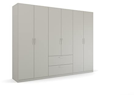 Rauch Möbel Quadra-Spin Pure, Kleiderschrank, Seidengrau, Breite 271 cm | Schrank im minimalistischen Stil, 6-türig, 2 Schubladen, für Schlafzimmer, Jugendzimmer, Garderobe, Flur