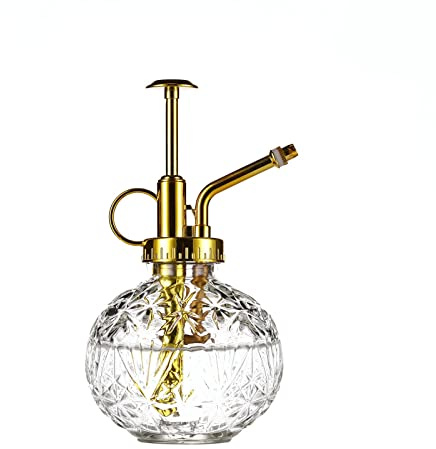 Eidoct Glas-Pflanzennebel-Sprühflasche, 16.5 cm, klares Glas, Wassersprühflasche mit goldfarbener Pumpe, kleine Gießkanne, Zimmerpflanze, klar + goldfarben