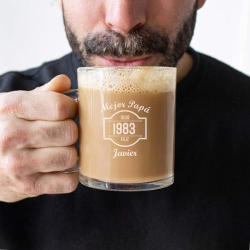 Taza cristal Personalizada con Nombre y Año · Regalo madres · Grabado Láser · Taza transparente con asa para infusiones y desayunos · Apta para Lavavajillas y Microondas · 350 ml (Diseño Mejor Papá)