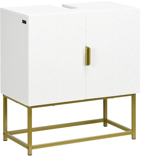 kleankin Mueble para Debajo del Lavabo con 2 Puertas 60x30x65 cm Blanco | Armario para Lavabo de Baño, Moderno Armario Bajo, Patas de Acero Dorado