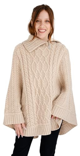 SAOL Ireland Ladies 100% Merino Wool Cowl Neck Zipper Poncho (as1, alpha, s, m, regular, regular, Parsnip)