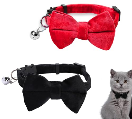 2 Stück Personalisierte Katzen Halsband,Katzenhalsband mit Glöckchen und Fliege,Personalisiert Haustierzubehör für Haustiere Katzen Welpen (Schwarz, Rot)