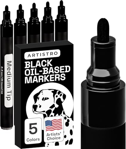 ARTISTRO 5 Oil-Based Permanent Paint Markers - Assorted Sets of Fine and Medium Tip Markers for Wood, Rock, Fabric, Glass, Ceramic, Metal, Plastic, and More - Quick Dry, Waterproof, Permanent, Black