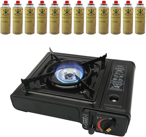 ASMGOLD Portable Gas Stove with Carry Case-For Outdoor Camping, Fishing and BBQ-Automatic Ignition System, Heat Control, Enamel Pan Support, Butane Can or LPG Gas Source-Black (Stove + 12 Butane Gas)