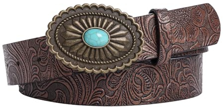 Topbuti Damen Herren Westerngürtel Leder Vintage Mittelalter Türkis Schnalle Gürtel Cowgirl Cowboy Country Boho Taillengürtel, Braun, 41 Inch