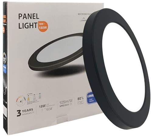 FactorLED Plafón Led Techo Circular Negro, 18W (180W), 1800Lm, Lámpara Empotrable Ajustable, Opción Superficie y Downlight, Luz Blanca seleccionable 3000K 4000K y 6000K, Ø225x18mm (18, Vatios)