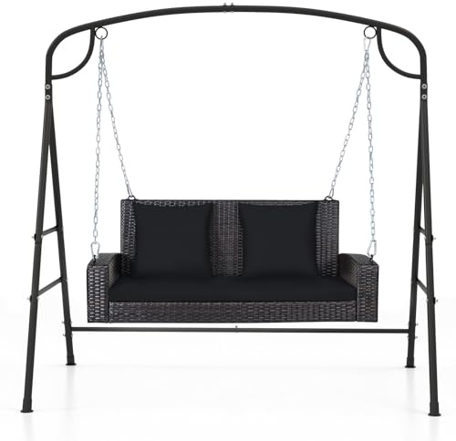 COSTWAY 2 Seater Garden Swing Chair Set, Rattan Patio Swing Bench Loveseat with Metal Stand Frame and 2 Pillows, Outdoor Porch Hanging Swing Seat and Stand (Black)