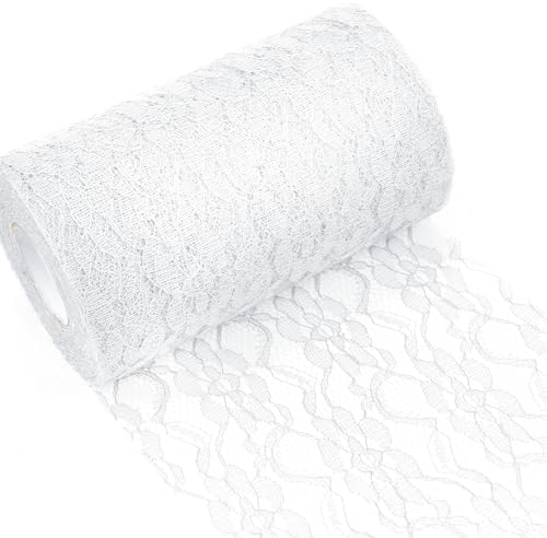 Tischläufer Spitze Weiß 15cm x 25m Spitzenstoff Deko Tischläufer Abwaschbar mit zarter Spitze für Hochzeit Taufe Festliche Dekoration zu besonderen Anlässen