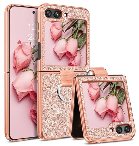 YINLAI for Samsung Galaxy Z Flip 6 Case Glitter Shiny Sparkly Slim with Ring Z Flip 6 Shockproof Hybrid Covers Drop Protection Girly Women Phone Case for Samsung Galaxy Z Flip6,Rose Gold/Pink