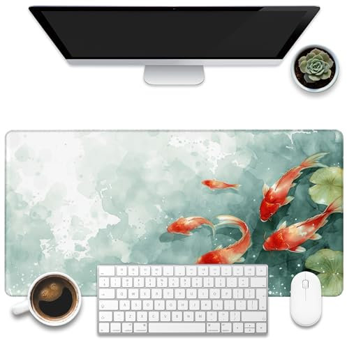 KOAIWPAE Sous-main de bureau, grand tapis de souris de jeu motif carpes koï aquarelle, 80 x 40 cm, base antidérapante et bord cousu
