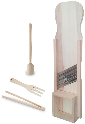 KERAZO 4-teiliges Gemüsehobel-Set aus Buchenholz, inkl. Stampfer, Zange, Gabel, Antibakteriell. Ideal für die Herstellung von Sauerkraut und fermentiertes Gemüse (90x24 cm)