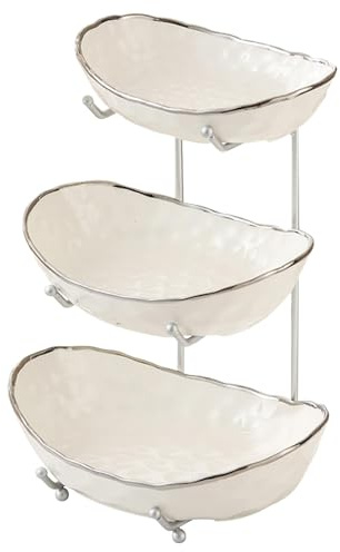 AYES Fruit Bowl, 3-Tier Large Ceramic Fruit Basket with Metal Stand Tiered Decorative Space Saver Fresh Fruit Serving Bowls for Kitchen Countertop Tabletop Parties Display (Silver 3-Layer) | Tiered Design Saves Space, Large Capacity For Fresh Fruit, Durable Ceramic Bowls, Ideal For Kitchen, Tabletop, Parties