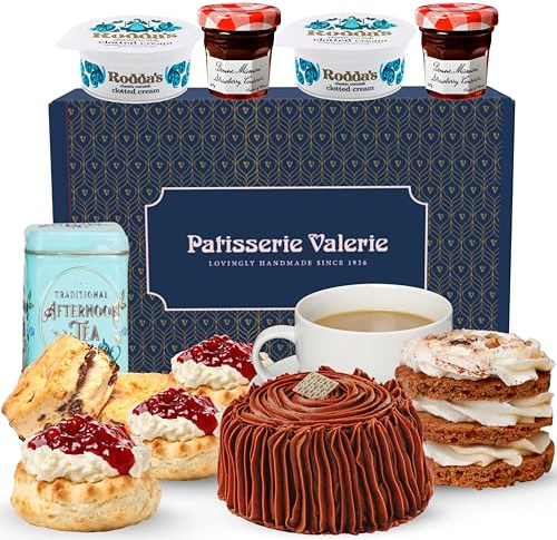 Patisserie Valerie Classic Afternoon Tea Hamper for 2 with Loose Leaf | Fruit & Plain Scones, Mini Carrot & Chocolate Cakes, Strawberry Conserve, Clotted Cream, Teapigs Morning Glory Blend