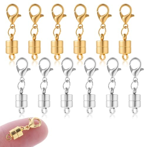 Magnetic Necklace Clasps with Lobster Clasp Gold and Silver Plated Double Magnetic Jewelry Clasps Converters for Bracelet Necklaces Anklet Chain Extender DIY Jewelry Making -12 Pieces