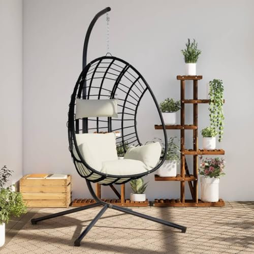 Xichuzi Hängesessel Ei-Design mit Ständer Beige Rattan und Stahl, Garten Möbel, Hängesessel Outdoor, Jugendzimmer, Hängestuhl, Hanging Chair, Liebesschaukeln, Hängeschaukel Outdoor - 4007411