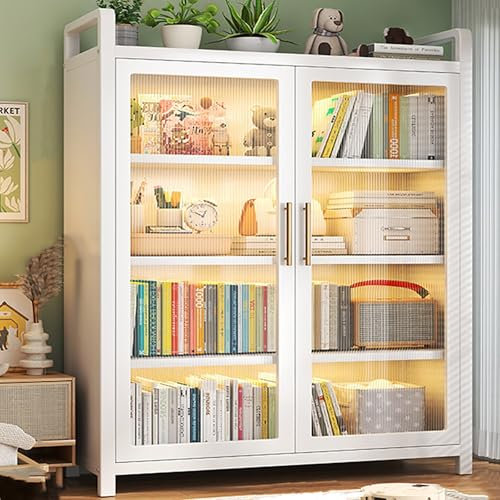 Libreria Scaffale con Ante Trasparenti, Libreria Verticale in Metallo Autoportanti con Altezza Del Soffitto Regolabile, Mobile Dispensa da Cucina, Mobiletto Espositore, Scaffale da Soggiorno(White,60x