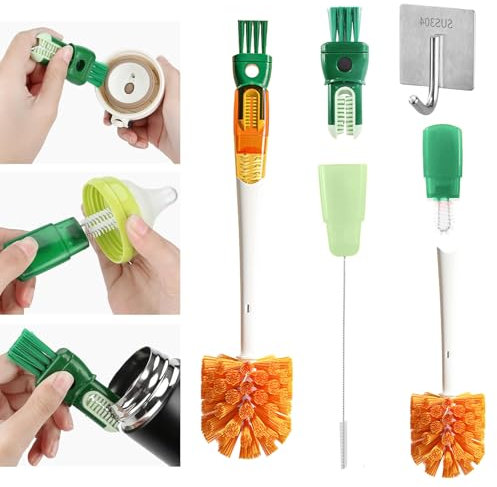 YALiya Cepillo para Botellas 5 en 1 con Mango Largo, Cepillos Multifuncionales, Cepillo de Limpieza, Cepillo de Botellas, Apto para Vasos, Boquillas limpiables, Pajitas y Otros Lugares