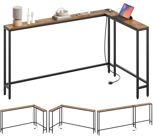 YATINEY Slim Console Table, 200 cm Narrow Sofa Table with Power Outlets, Behind Entryway Table, 3 Assembly Options, for Entryway, Rustic Brown XCT17KBR