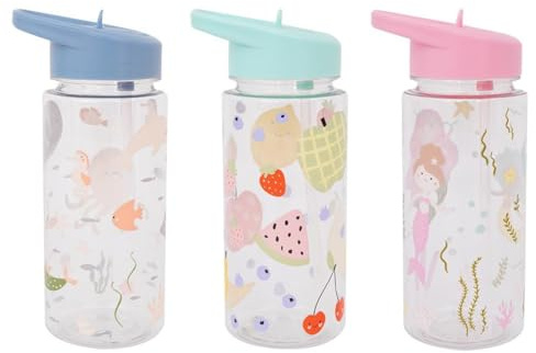 YöL Pack of 3 Patterned Kids Water Bottle With Flip Straw, Lid With Carry Handle - Water Juice School Sports Baby Toddler Children Boys Girls Cup BPA-Free