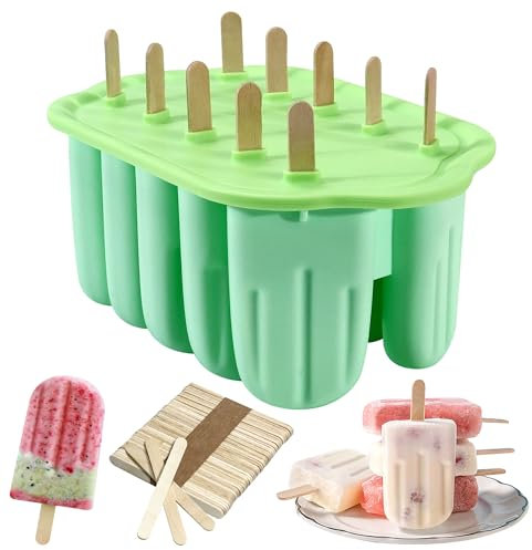10 Cavities Ice Lolly Moulds with 50pcs Wooden Sticks, Reusable Silicone Popsicle Mould BPA Free Ice Pop Moulds Non-Stick Easy to Remove Ice Lolly Maker for Kids Adult DIY Ice Cream Christmas Gifts