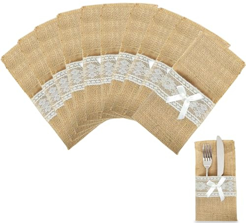 Bestecktaschen Jute mit Spitze, 10 Stück Vintage Deko Besteckbeutel 11x21 cm, Besteckhalter Sackleinen mit Schleife Tischdeko für Party, Hochzeit, Geburtstag und Weihnachten (Jute 1)