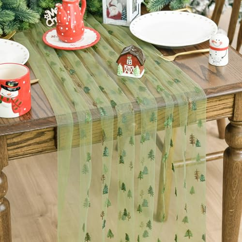 Artoid Mode Tüll Stickerei Brackengrün Bäume Gaze Weihnachten Tischläufer 70x300 cm, Winter Küche Tisch Dekoration Drinnen Urlaub Party Dekor